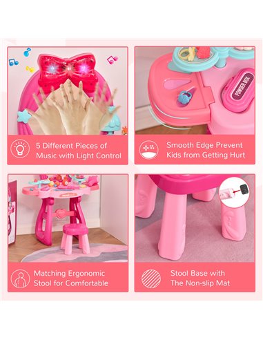 HOMCOM 3+ Kids Vanity Musical Dressing Table, Make Up Desk with Stool, Magic Mirror Lights, 36 Pcs
