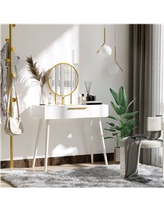 HOMCOM Modern Dressing Table with Round Mirror, 2 Drawers, White 2