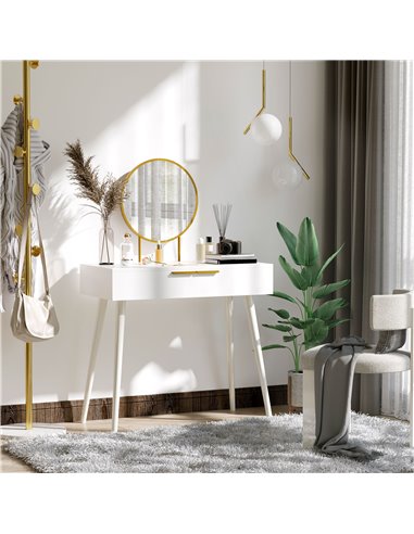 HOMCOM Modern Dressing Table with Round Mirror, 2 Drawers, White