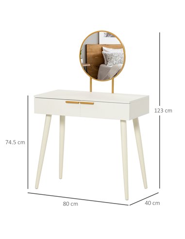 HOMCOM Modern Dressing Table with Round Mirror, 2 Drawers, White