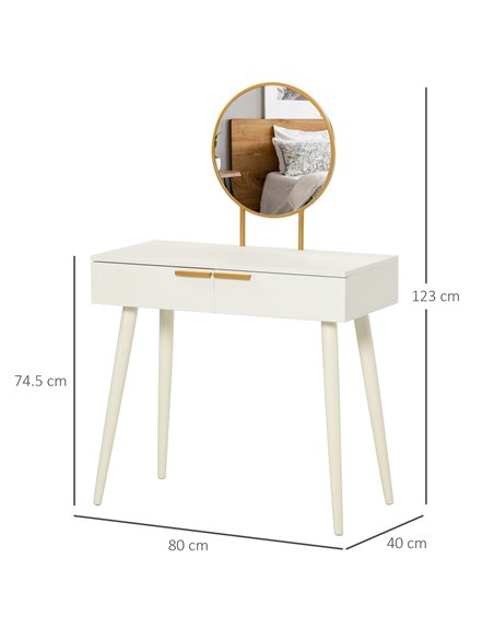 HOMCOM Modern Dressing Table with Round Mirror, 2 Drawers, White - pic 21788 | FastDaddyshop