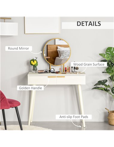 HOMCOM Modern Dressing Table with Round Mirror, 2 Drawers, White