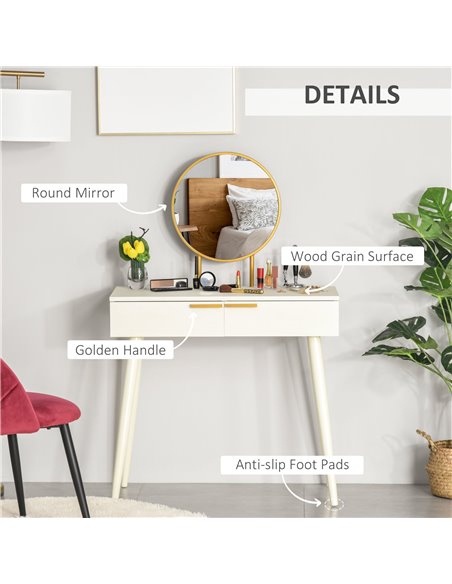 HOMCOM Modern Dressing Table with Round Mirror, 2 Drawers, White - pic 21790 | FastDaddyshop