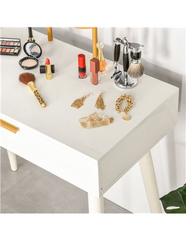 HOMCOM Modern Dressing Table with Round Mirror, Makeup Vanity Table with 2 Drawers for Bedroom, Living Room, White