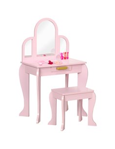 HOMCOM Kids Dressing Table with Mirror, Stool, Drawer for 3-6 Years Old Children, Pink