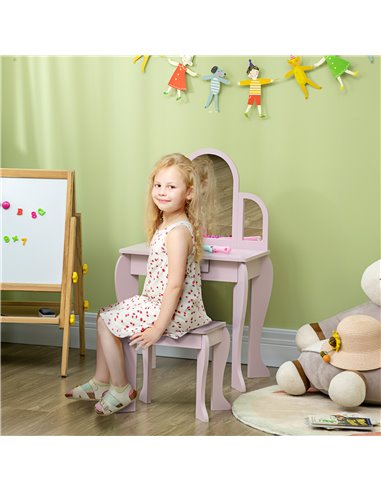HOMCOM Kids Dressing Table with Mirror, Stool, Drawer for 3-6 Years Old Children, Pink