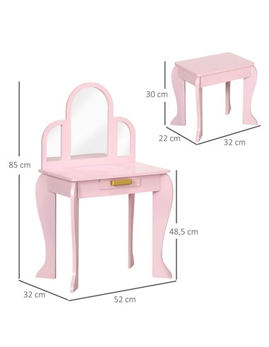 HOMCOM Kids Dressing Table with Mirror, Stool, Drawer for 3-6 Years Old Children, Pink