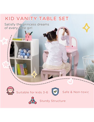 HOMCOM Kids Dressing Table with Mirror, Stool, Drawer for 3-6 Years Old Children, Pink