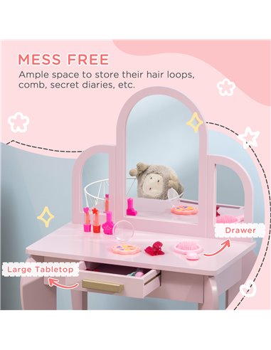 HOMCOM Kids Dressing Table with Mirror, Stool, Drawer for 3-6 Years Old Children, Pink