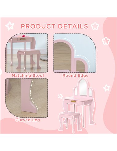 HOMCOM Kids Dressing Table with Mirror and Stool, Kids Vanity Set, Girl Makeup Desk with Drawer for 3-6 Years Old Children, Pink