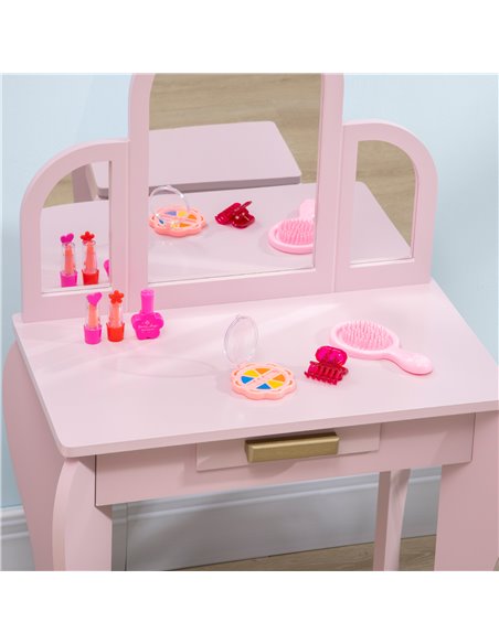 HOMCOM Kids Dressing Table with Mirror and Stool, Kids Vanity Set, Girl Makeup Desk with Drawer for 3-6 Years Old Children, Pink - pic 21811 | FastDaddyshop