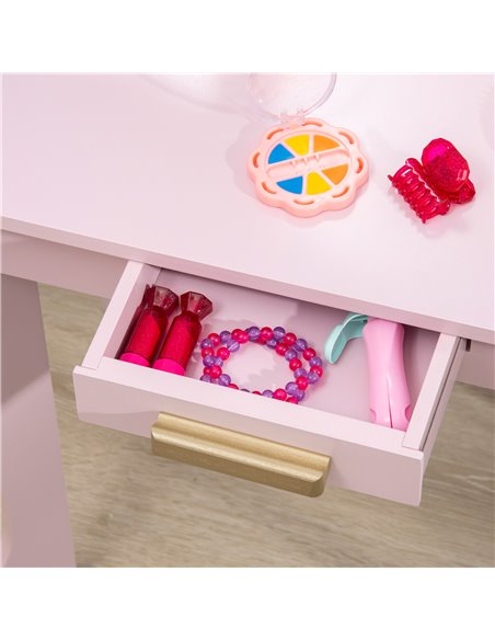 HOMCOM Kids Dressing Table with Mirror and Stool, Kids Vanity Set, Girl Makeup Desk with Drawer for 3-6 Years Old Children, Pink - pic 21812 | FastDaddyshop