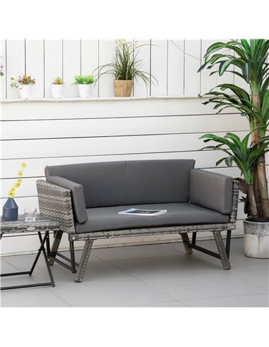 Outsunny 2 Seater Rattan Folding Daybed Sofa with Cushion, Grey