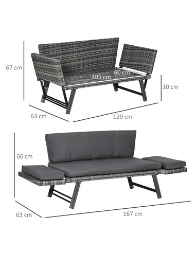Outsunny 2 Seater Rattan Folding Daybed Sofa with Cushion, Grey