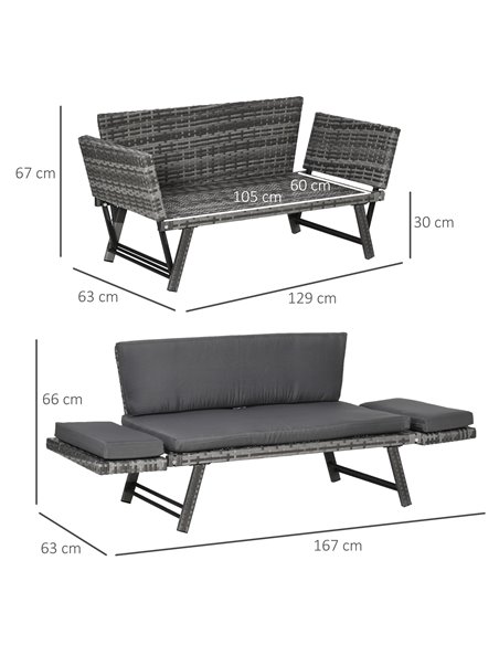 Outsunny 2 Seater Rattan Folding Daybed Sofa with Cushion, Grey - pic 21851 | FastDaddyshop
