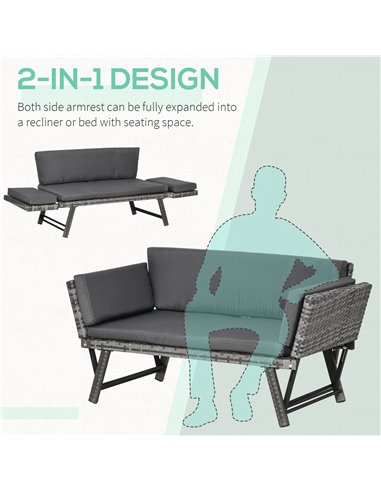 Outsunny 2 Seater Rattan Folding Daybed Sofa Bench Garden Chaise Lounger Loveseat with Cushion Outdoor Patio Grey