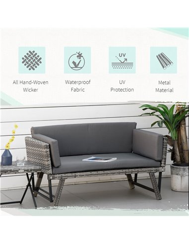 Outsunny 2 Seater Rattan Folding Daybed Sofa Bench Garden Chaise Lounger Loveseat with Cushion Outdoor Patio Grey
