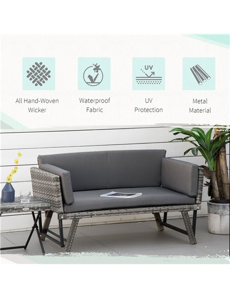 Outsunny 2 Seater Rattan Folding Daybed Sofa Bench Garden Chaise Lounger Loveseat with Cushion Outdoor Patio Grey - pic 21853 | FastDaddyshop