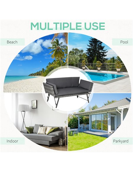 Outsunny 2 Seater Rattan Folding Daybed Sofa Bench Garden Chaise Lounger Loveseat with Cushion Outdoor Patio Grey - pic 21855 | FastDaddyshop