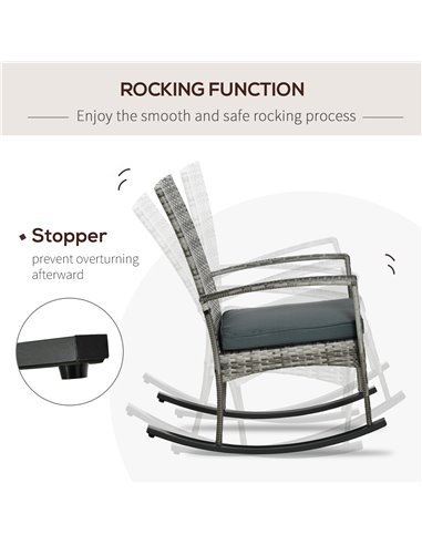 Outsunny Rattan Rocking Chair Rocker Garden Furniture Seater Patio Bistro Relaxer Outdoor Wicker Weave with Cushion - Light Grey