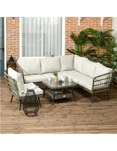 Outsunny 6-Seater Outdoor Rattan Corner Sofa Set with Thick Padded Cushions, Grey
