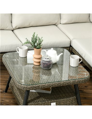 Outsunny 6-Seater Outdoor Rattan Corner Sofa, Round and Twin Half-round Wicker Woven Rattan Garden Furniture w/ Thick Padded Cus