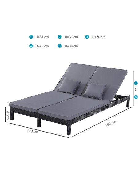 Outsunny 2 Seater Garden Double Rattan Sun Lounger Cushioned, Black - pic 21878 | FastDaddyshop