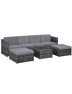Outsunny 6-Seater Rattan Wicker Sofa Set with Cushions and Table, Dark Grey