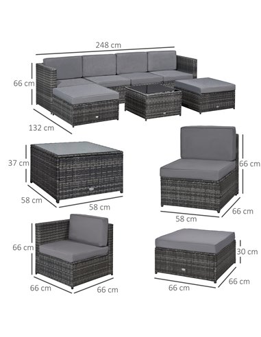 Outsunny 6-Seater Rattan Wicker Sofa Set with Cushions and Table, Dark Grey