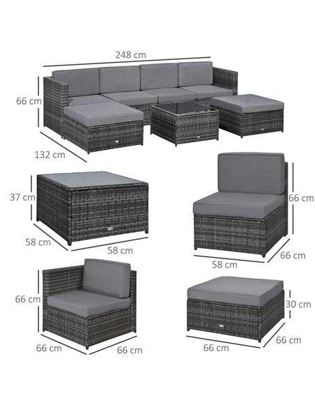 Outsunny 6-Seater Rattan Wicker Sofa Set with Cushions and Table, Dark Grey - pic 21914 | FastDaddyshop