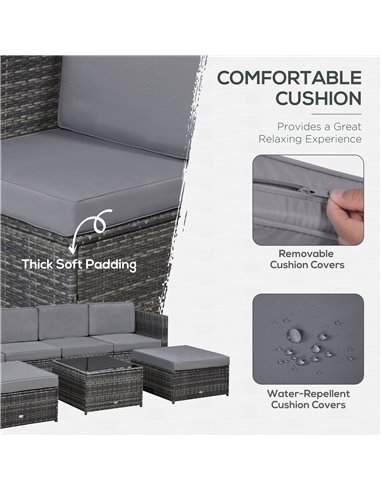 Outsunny 6-Seater Rattan Wicker Sofa Set with Cushions and Table, Dark Grey
