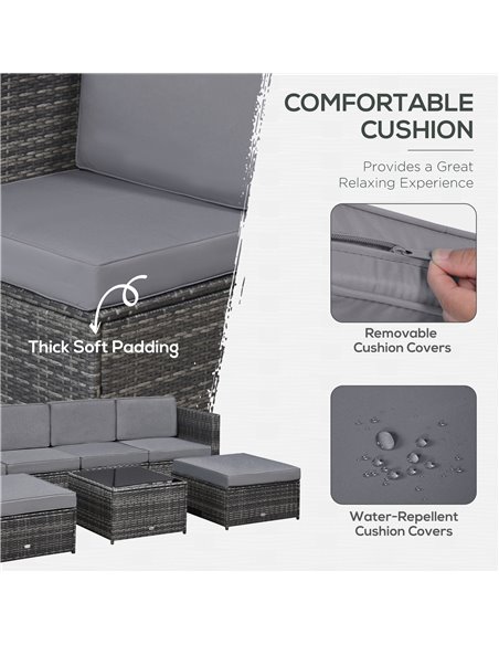 Outsunny 6-Seater Rattan Wicker Sofa Set with Cushions and Table, Dark Grey - pic 21916 | FastDaddyshop