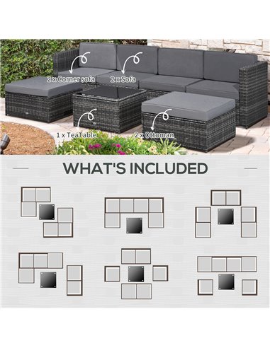 Outsunny 6-Seater Rattan Wicker Sofa Set with Cushions and Table, Dark Grey