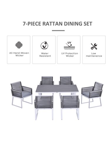 Outsunny 6-Seater Garden Dining Set w/ PE Rattan Cushioned Chairs and Rectangle Table, Box-shaped Frames, Grey
