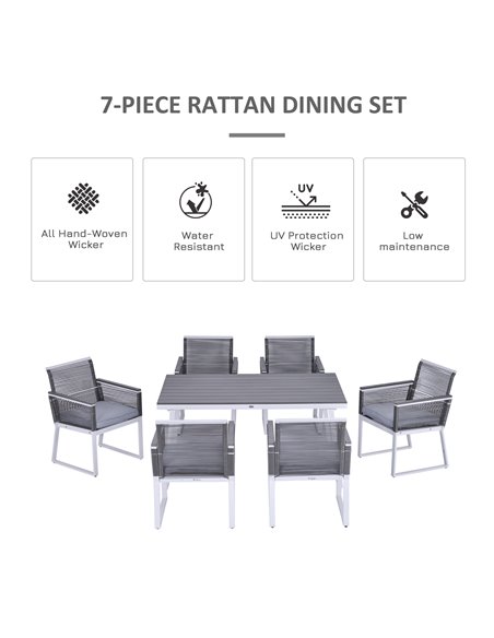 Outsunny 6-Seater Garden Dining Set w/ PE Rattan Cushioned Chairs and Rectangle Table, Box-shaped Frames, Grey - pic 21935 | FastDaddyshop