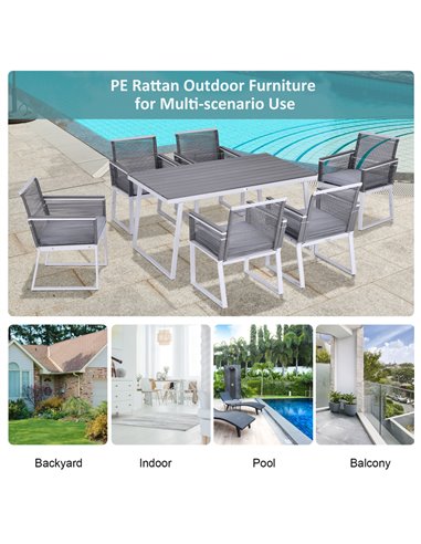 Outsunny 6-Seater Garden Dining Set w/ PE Rattan Cushioned Chairs and Rectangle Table, Box-shaped Frames, Grey
