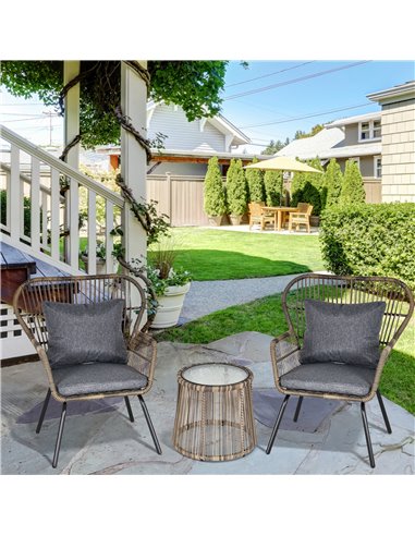 Outsunny 2 Seater Outdoor Patio Bistro Set, Wicker Rattan Furniture 2 Chairs 1 Coffee Table with Metal Legs for Garden, Backyard