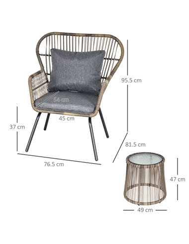 Outsunny 2 Seater Outdoor Patio Bistro Set, Wicker Rattan Furniture 2 Chairs 1 Coffee Table with Metal Legs for Garden, Backyard