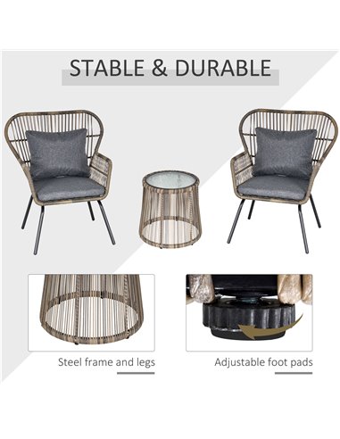 Outsunny 2 Seater Outdoor Patio Bistro Set, Wicker Rattan Furniture 2 Chairs 1 Coffee Table with Metal Legs for Garden, Backyard