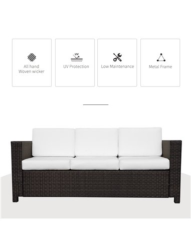 Outsunny Garden Rattan 3 Seater All-Weather Wicker Weave Metal Frame Chair with Fire Resistant Cushion - Brown