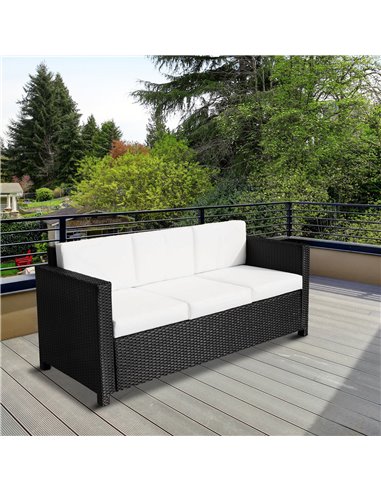 Outsunny Garden Rattan Sofa 3 Seater All-Weather Wicker Weave Metal Frame Chair with Fire Resistant Cushion - Black