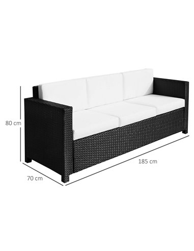 Outsunny Garden Rattan Sofa 3 Seater All-Weather Wicker Weave Metal Frame Chair with Fire Resistant Cushion - Black