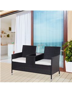 Outsunny Garden Rattan 2 Seater Companion Seat Wicker Love Seat Weave Partner Bench w/ Cushions Patio Outdoor Furniture (Black) 2