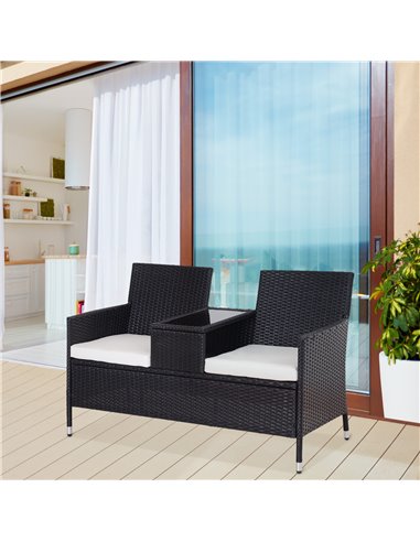 Outsunny Garden Rattan 2 Seater Companion Seat Wicker Love Seat Weave Partner Bench w/ Cushions Patio Outdoor Furniture (Black)