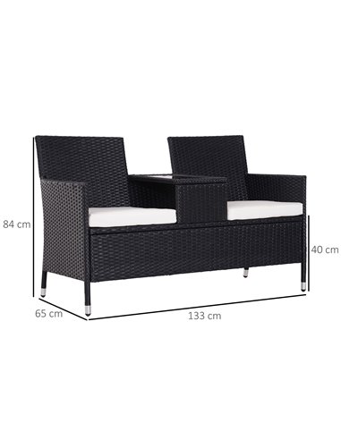 Outsunny Garden Rattan 2 Seater Companion Seat Wicker Love Seat Weave Partner Bench w/ Cushions Patio Outdoor Furniture (Black)