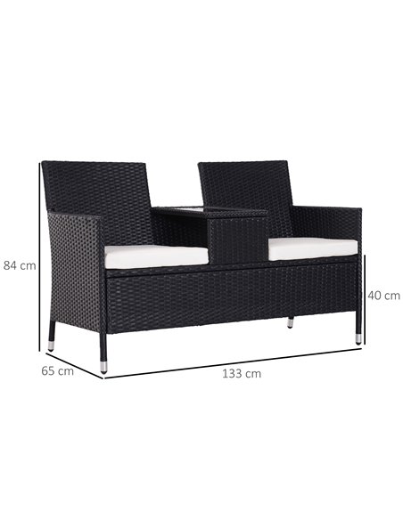 Outsunny Garden Rattan 2 Seater Companion Seat Wicker Love Seat Weave Partner Bench w/ Cushions Patio Outdoor Furniture (Black) - pic 22013 | FastDaddyshop