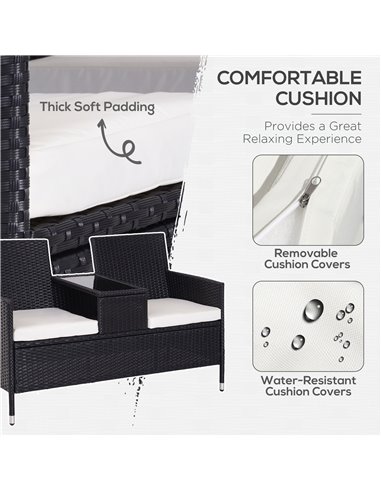Outsunny Garden Rattan 2 Seater Companion Seat Wicker Love Seat Weave Partner Bench w/ Cushions Patio Outdoor Furniture (Black)