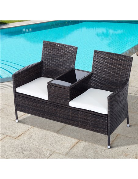 Outsunny Garden Rattan 2 Seater Companion Seat Wicker Love Seat Weave Partner Bench w/ Cushions Patio Outdoor Furniture (Brown) - pic 22020 | FastDaddyshop