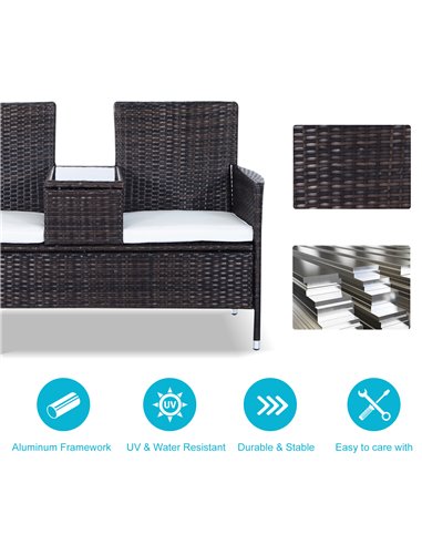 Outsunny Garden Rattan 2 Seater Companion Seat Wicker Love Seat Weave Partner Bench w/ Cushions Patio Outdoor Furniture (Brown)