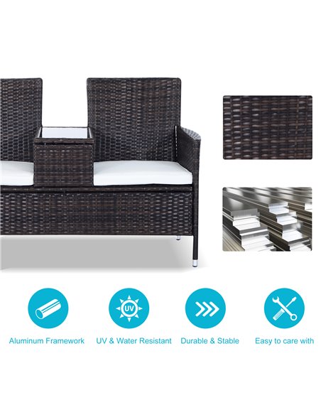 Outsunny Garden Rattan 2 Seater Companion Seat Wicker Love Seat Weave Partner Bench w/ Cushions Patio Outdoor Furniture (Brown) - pic 22023 | FastDaddyshop